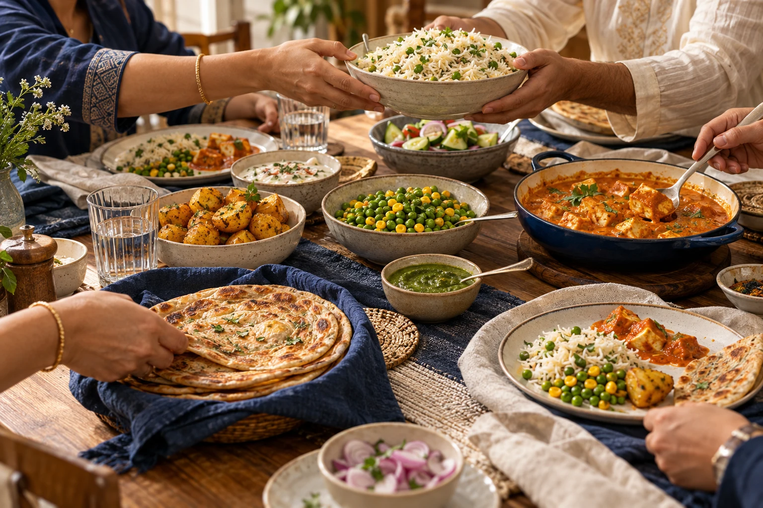 Illustrative shared Indian family meal, with hands passing bowls around the table